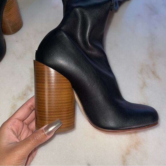 Burberry Black Faux Leather Thigh High Sock Boot with Wooden Circular Block Heel - Picture 14 of 14